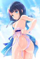 Rule 34 | 1girl, ass, back, bare shoulders, black hair, blue eyes, blue ribbon, blue sky, blush, breasts, closed mouth, dress, fate/grand order, fate/requiem, fate (series), fundoshi, highres, japanese clothes, jewelry, looking at viewer, looking back, magatama, magatama hair ornament, medium breasts, medium hair, multicolored hair, necklace, pelvic curtain, pink hair, ribbon, seigaiha, short dress, sideboob, sideless outfit, sky, streaked hair, thighs, tomo (tmtm mf mf), two-sided fabric, utsumi erice, wet, white dress