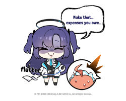 Rule 34 | 1girl, ahoge, artist name, biting own lip, black skirt, black socks, blue archive, blush, chibi, closed eyes, closed mouth, copyright notice, donmin h, english text, false smile, full body, jacket, long hair, long sleeves, neru (blue archive), official art, purple hair, shaded face, shirt, skirt, smile, socks, solo, standing, sweatdrop, two side up, watermark, white background, yuuka (blue archive)