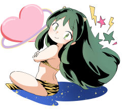 Rule 34 | 1girl, absurdres, animal print, ass, bare shoulders, bikini, closed mouth, commentary request, crossed arms, full body, green eyes, green hair, heart, highres, horns, jako (jakoo21), lightning bolt symbol, long hair, looking at viewer, looking to the side, lum, print bikini, sketch, smile, solo, star (symbol), swimsuit, tiger print, urusei yatsura, very long hair, white background, yellow bikini