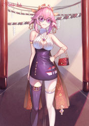 Rule 34 | 1girl, absurdres, alternate costume, animal ears, armlet, bag, bare arms, bare shoulders, black skirt, black thighhighs, breasts, cape, casual, cleavage, cleavage cutout, clothing cutout, earrings, floppy ears, fox ears, genshin impact, hair ornament, hand on own hip, handbag, high-waist skirt, highres, hoop earrings, jewelry, large breasts, looking at viewer, necklace, parted lips, pink eyes, pink hair, radishkek, ribbed shirt, round eyewear, shirt, short hair, single thighhigh, skirt, sleeveless, sleeveless shirt, sleeveless turtleneck, solo, standing, sunglasses, thigh strap, thighhighs, thighs, turtleneck, white shirt, yae miko