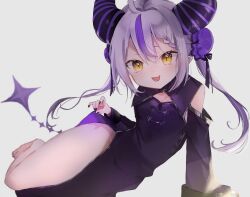 Rule 34 | 1girl, ahoge, akebisousaku, arm support, barefoot, black horns, black nails, braid, braided bangs, breasts, cleavage, cleavage cutout, clothing cutout, collar, detached sleeves, grey hair, highres, hololive, horns, la+ darknesss, long hair, looking at viewer, metal collar, multicolored hair, nail polish, open mouth, pointy ears, purple hair, small breasts, smile, solo, streaked hair, striped horns, virtual youtuber, yellow eyes