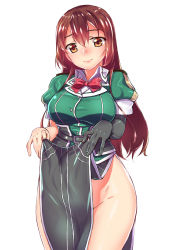 Rule 34 | 10s, 1girl, belt, black gloves, black skirt, bow, bowtie, breasts, brown eyes, brown hair, chikuma (kancolle), clothes lift, cowboy shot, elbow gloves, gloves, groin, hair between eyes, highres, kantai collection, lifted by self, light smile, lips, long hair, long skirt, looking at viewer, medium breasts, no panties, pelvic curtain, puffy short sleeves, puffy sleeves, short sleeves, side slit, simple background, single glove, skirt, skirt lift, smile, solo, standing, straight hair, thighs, tiha, twintails, white background
