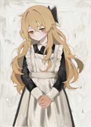 Rule 34 | 1girl, apron, black bow, black dress, blonde hair, blush, bow, closed mouth, collared dress, cowboy shot, dress, expressionless, hair between eyes, hair bow, haru (ririne9999rine), highres, long hair, long sleeves, looking at viewer, maid apron, original, own hands together, solo, wavy hair, white apron, yellow eyes