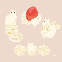 Rule 34 | animal, cat, chai (drawingchisanne), cream, dessert, food, food-themed creature, food focus, fruit, grey background, no humans, original, simple background, strawberry, whipped cream