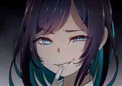 Rule 34 | 1girl, ado (utaite), black background, black hair, blue eyes, blue hair, chando (ado), clenched teeth, cloud nine inc, colored inner hair, commentary, glove in mouth, gloves, highres, long hair, looking at viewer, loyiol, mouth hold, multicolored hair, portrait, sidelocks, slit pupils, solo, teeth, utaite, white gloves