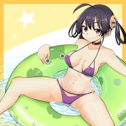 Rule 34 | 1girl, absurdres, ahoge, azur lane, bikini, black hair, breasts, commentary request, covered erect nipples, edoara, feet out of frame, frog, hair rings, highres, innertube, long hair, looking at viewer, medium breasts, ning hai (azur lane), ning hai (summer hunger) (azur lane), partially submerged, purple bikini, purple eyes, sitting, solo, spread legs, swim ring, swimsuit, twintails, water