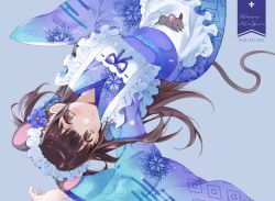 Rule 34 | 1girl, :3, animal ears, artist name, blue flower, blunt bangs, blush, brown eyes, brown hair, chinese zodiac, closed mouth, flower, happy new year, highres, liechi, long hair, looking at viewer, mouse (animal), mouse ears, mouse tail, new year, original, solo, tail, upside-down, very long hair, year of the rat