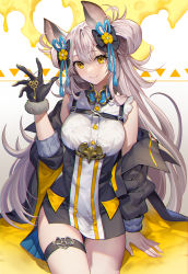 Rule 34 | 1girl, absurdres, animal ears, bare shoulders, black bow, black gloves, black jacket, black skirt, bow, breasts, chinese zodiac, chromatic aberration, closed mouth, commentary request, gloves, gold trim, gradient background, hair bow, hair rings, hand up, high-waist skirt, highres, jacket, key, long hair, long sleeves, looking at viewer, medium breasts, miniskirt, mouse ears, mouse tail, off shoulder, open clothes, open jacket, original, rope, shirt, silver hair, sitting, skirt, sleeveless, sleeveless shirt, smile, solo, tail, tassel, teffish, thigh strap, thighs, very long hair, white shirt, year of the rat, yellow eyes