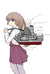 Rule 34 | 1girl, absurdres, aqua necktie, blue eyes, brown hair, collared shirt, commentary request, dress, dress shirt, feet out of frame, grey pantyhose, hair down, halter dress, halterneck, highres, kantai collection, kazagumo (kancolle), long hair, machinery, necktie, pantyhose, pleated dress, purple dress, school uniform, shirt, simple background, solo, translation request, tsuru (thunder tsuru), white background, white shirt