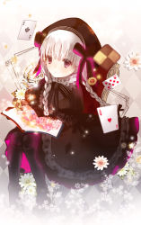 Rule 34 | 10s, 1girl, beret, black dress, black legwear, black ribbon, boots, braid, card, closed mouth, daisy, dress, fate/extra, fate (series), flower, frilled dress, frills, full body, hair ribbon, hat, highres, knee boots, knees together feet apart, long hair, looking at viewer, nursery rhyme (fate), playing card, puffy short sleeves, puffy sleeves, purple eyes, ribbon, short sleeves, silver hair, sitting, solo, star (symbol), twin braids, white flower, yuzuyomogi