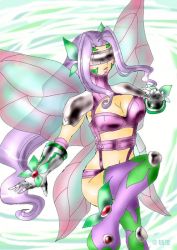Rule 34 | boots, bra, breasts, butterfly wings, butterfly wings gauntlets, digimon, digimon frontier, facial mark, fairimon, garter straps, gauntlets, hair ornament, insect wings, lingerie, long hair, medium breasts, navel, purple bra, purple hair, shoulder pads, thighhighs, underwear, visor (armor), wings