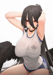 Rule 34 | 1girl, adjusting hair, armpits, arms up, black hair, black wings, blue archive, blush, breasts, buruma, chilakkk, feathered wings, hair between eyes, hasumi (blue archive), hasumi (track) (blue archive), highres, large breasts, long hair, looking at viewer, mole, mole under eye, mouth hold, ponytail, red eyes, rubber band, shirt, simple background, sleeveless, sleeveless shirt, solo, sweatdrop, thighs, twitter username, tying hair, very long hair, wet, wet clothes, wet shirt, white background, wings