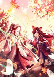 Rule 34 | 2boys, absurdres, animal ears, autumn leaves, bindi, black hair, brown hair, bug, butterfly, child, chinese clothes, closed eyes, earrings, eyepatch, flower, fox boy, fox ears, glowing butterfly, hagoromo, hair flower, hair ornament, hanfu, happy, highres, holding hands, hua cheng, insect, jewelry, leaf, long hair, long sleeves, looking at another, male focus, maple leaf, multiple boys, open mouth, outdoors, parted bangs, pink flower, shawl, standing, tianguan cifu, timoxuxu15359, very long hair, walking, white butterfly, wide sleeves, xie lian