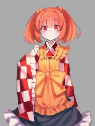 Rule 34 | 1girl, apron, black skirt, character name, checkered clothes, checkered kimono, grey background, hair bobbles, hair ornament, japanese clothes, kimono, long sleeves, looking at viewer, motoori kosuzu, pokan (xz1128), red eyes, red hair, short hair, simple background, skirt, smile, solo, touhou, twintails, wide sleeves