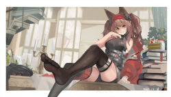 Rule 34 | 1girl, :d, angelina (arknights), angelina (distinguished visitor) (arknights), animal ears, arknights, bare shoulders, belt, black footwear, black shirt, black shorts, book, book stack, boots, unworn boots, border, breasts, brown eyes, brown hair, cake, cake slice, candle, collar, cup, dated, day, drinking glass, feet, food, fox ears, grin, hairband, head tilt, headgear, huai chuan, indoors, infection monitor (arknights), jacket, large breasts, leg up, long hair, long sleeves, looking at viewer, no shoes, off shoulder, official alternate costume, on table, open clothes, open jacket, open mouth, outside border, parted lips, red hairband, red jacket, shirt, short shorts, shorts, sitting, smile, soles, solo, stairs, table, taut clothes, taut shirt, thigh strap, toes, twintails, underbust, white border, window