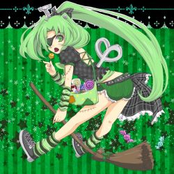 Rule 34 | 10s, 1girl, alternate costume, bag, bow, broom, candy, cure march, eyepatch, food, full body, green background, green eyes, green hair, green shorts, green theme, hair bow, halloween, kasetsu, lollipop, long hair, looking back, matching hair/eyes, midorikawa nao, ponytail, precure, screw, shoes, shorts, smile precure!, sneakers, socks, solo, star (symbol), starry background, swirl lollipop, tongue, tri tails, winding key, wrapped candy