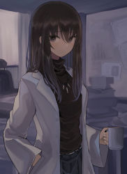 Rule 34 | 1girl, black sweater, blush, book, book stack, brown eyes, brown hair, closed mouth, coffee mug, cowboy shot, cup, hair between eyes, hand in pocket, highres, hinomaru (futagun), holding, holding cup, indoors, jewelry, lab coat, long hair, long sleeves, looking at viewer, mug, necklace, open clothes, original, smile, solo, sweater, turtleneck, turtleneck sweater, unbuttoned, whiteboard