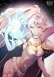 Rule 34 | 1girl, armor, atoatto, belt, breasts, cape, cleavage, collar, fire emblem, fire emblem: genealogy of the holy war, fire emblem: thracia 776, ishtar (fire emblem), jewelry, large breasts, lightning, long hair, magic, necklace, nintendo, pauldrons, ponytail, purple eyes, purple hair, shoulder armor, side ponytail, sidelocks, solo