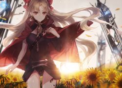Rule 34 | 1girl, black dress, blonde hair, cape, dress, ereshkigal (fate), fate/grand order, fate (series), flower, hair ribbon, highres, light smile, long hair, md5 mismatch, petals, red cape, red eyes, resolution mismatch, ribbon, short dress, single sleeve, skull, solo, source larger, spine, sunflower, tohsaka rin, two side up, uwro