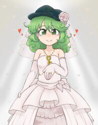 Rule 34 | 1girl, bridal veil, closed mouth, commentary, commission, dress, elbow gloves, english commentary, flat cap, flower, gloves, green eyes, green hair, grey background, hat, hat flower, heart, highres, keb00b, key, looking at viewer, medium hair, pixiv commission, simple background, smile, solo, tearing up, touhou, veil, wedding dress, white dress, white gloves, yamashiro takane