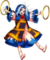 Rule 34 | &gt;:d, 1girl, :d, blue eyes, blue hair, full body, harukawa moe, hood, hoop, jewelry, kesa, kumoi ichirin, long sleeves, looking at viewer, matching hair/eyes, necklace, official art, open mouth, pendant, smile, socks, solo, touhou, transparent background, urban legend in limbo, v-shaped eyebrows, wide sleeves