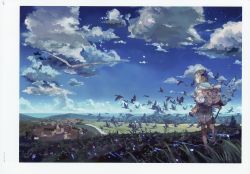 Rule 34 | 1girl, absurdres, atelier (series), atelier firis, backpack, bag, bird, boots, brown hair, city, cloud, day, field, firis mistlud, flock, flower, from behind, gloves, grass, green eyes, hair ornament, highres, hiking, hill, horizon, huge filesize, landscape, lantern, looking back, ocean, official art, outdoors, river, scan, scenery, shooting star, sky, solo, staff, thigh boots, thighhighs, walking, yuugen
