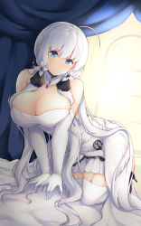 Rule 34 | 1girl, absurdres, ahoge, all fours, anchor, arashiki mamizu, azur lane, bare shoulders, black footwear, blue eyes, blunt bangs, breasts, cleavage, closed mouth, curtains, dress, elbow gloves, garter straps, gloves, hair ornament, high heels, highres, illustrious (azur lane), indoors, large breasts, long hair, looking at viewer, mole, mole under eye, pleated dress, skindentation, sleeveless, sleeveless dress, smile, solo, strapless, strapless dress, sunlight, thighhighs, very long hair, white dress, white gloves, white hair, white thighhighs, window