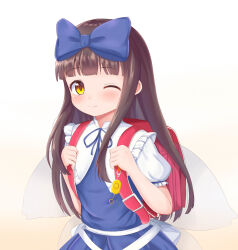 Rule 34 | 1girl, ;), backpack, bag, blue bow, blue dress, blue ribbon, blush, bow, brown eyes, brown hair, commentary request, crime prevention buzzer, dress, fairy wings, flat chest, frilled shirt collar, frills, hair bow, hands up, highres, long hair, looking at viewer, one eye closed, p.w., petite, puffy short sleeves, puffy sleeves, randoseru, ribbon, short sleeves, sidelocks, simple background, smile, solo, star sapphire, touhou, upper body, very long hair, white background, wings, yellow eyes