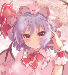 Rule 34 | 1girl, bat wings, beni kurage, blue hair, blush, bow, bowtie, capelet, cherry blossoms, commentary request, dress, flower, frilled shirt collar, frills, hair between eyes, hair flower, hair ornament, hand in own hair, hand up, hat, hat ribbon, highres, light smile, looking at viewer, mob cap, petals, pink background, pink capelet, pink dress, pink flower, pink hat, red bow, red bowtie, red eyes, red ribbon, remilia scarlet, ribbon, short hair, solo, touhou, upper body, wings, wrist cuffs