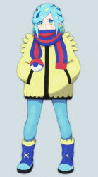 Rule 34 | 1boy, absurdres, aqua eyes, aqua hair, aqua pants, blue footwear, blue scarf, boots, closed mouth, commentary request, creatures (company), eyelashes, full body, game freak, grey background, grusha (pokemon), hands in pockets, highres, jacket, koroni (nkrgs), male focus, nintendo, pants, poke ball print, pokemon, pokemon sv, scarf, solo, standing, striped clothes, striped scarf, yellow jacket