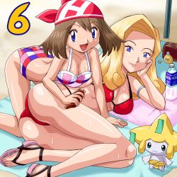 Rule 34 | 00s, 2girls, ass, bandana, beach, bikini, blonde hair, blue eyes, breasts, brown hair, cleavage, clothed pokemon, creatures (company), diane (pokemon), game freak, gen 3 pokemon, hat, jirachi, legendary pokemon, lowres, may (pokemon), medium breasts, multiple girls, mythical pokemon, nintendo, pokemoa, pokemon, pokemon (anime), pokemon (creature), pokemon: jirachi: wish maker, pokemon rse (anime), sandals, swimsuit, towel