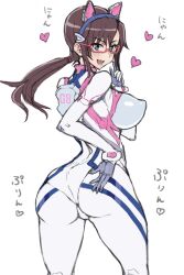 Rule 34 | 1girl, animal ears, ass, blue eyes, bodysuit, breasts, brown hair, cat ears, covered erect nipples, fangs, glasses, hand on own ass, heart, highres, huge ass, large breasts, legs, looking at viewer, looking back, low ponytail, makinami mari illustrious, naughty face, neon genesis evangelion, open mouth, sideboob, smile, thick thighs, thighs
