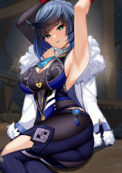 Rule 34 | 1girl, armpits, arms up, ass, asymmetrical hair, bare arms, blue hair, blunt bangs, breasts, choker, cleavage, clothing cutout, coat, coat on shoulders, dark blue hair, diagonal bangs, dice, earrings, elbow gloves, feet out of frame, fishnets, fur-trimmed coat, fur trim, genshin impact, gloves, green eyes, highres, jewelry, large breasts, leaning back, light particles, mole, mole on breast, nassss, neck tassel, parted lips, short hair, sideboob, single elbow glove, sitting, sleeveless, smile, solo, thighs, twitter username, vision (genshin impact), white coat, yelan (genshin impact)