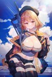 Rule 34 | 1girl, anis (nikke), breasts, brown eyes, brown hair, cleavage, cloud, cloudy sky, goddess of victory: nikke, grenade launcher, gun, gun on back, hat, highres, jacket, large breasts, medium hair, open clothes, open jacket, revolver grenade launcher, sha (nz2), short shorts, shorts, sitting, sky, smile, solo, standing, weapon, weapon on back