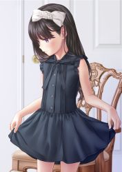 Rule 34 | 1girl, aoi kumiko, bare shoulders, black dress, black eyes, black hair, blush, bow, chair, child, closed mouth, commentary request, dress, hair bow, highres, indoors, long hair, looking down, original, revision, skirt hold, sleeveless, sleeveless dress, smile, solo, standing, white bow
