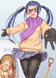Rule 34 | 2girls, black-framed eyewear, black gloves, black legwear, blue hair, blunt bangs, blush, closed eyes, commentary request, fang, feet out of frame, glasses, gloves, grey skirt, hair bobbles, hair ornament, highres, inuyama aoi, light brown hair, long hair, long sleeves, looking at viewer, multiple girls, oogaki chiaki, open mouth, orizen, outstretched arms, panties, panties under pantyhose, pantyhose, pleated skirt, red eyes, scarf, see-through, see-through legwear, side ponytail, sidelocks, skin fang, skirt, smile, snow, sweater, thick eyebrows, translation request, twintails, underwear, upper body, yurucamp