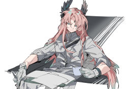 Rule 34 | 1boy, :|, arknights, armchair, blue eyes, bright pupils, chair, chinese commentary, closed mouth, coffee mug, commentary request, cup, expressionless, feather hair, forehead jewel, gloves, highres, holding, holding cup, infection monitor (arknights), jacket, ling s, long hair, looking at viewer, male focus, mug, passenger (arknights), pink hair, red pupils, simple background, sitting, sleeves rolled up, solo, white background, white gloves, white jacket, white pupils