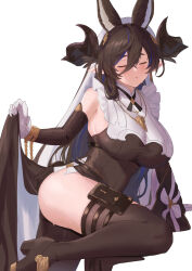 Rule 34 | 1girl, animal ears, asymmetrical eyewear, asymmetrical hair, breasts, brown hair, brown horns, closed eyes, clothes lift, detached sleeves, extra ears, fikkyun, frilled sleeves, frills, galleon (granblue fantasy), gloves, granblue fantasy, highres, horns, huge breasts, large breasts, multicolored hair, pointy ears, sideboob, solo, streaked hair, white gloves