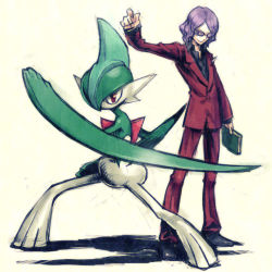 Rule 34 | 1boy, book, creature, creatures (company), elite four, formal, full body, gallade, game freak, gen 4 pokemon, goyo (pokemon), holding, holding book, long sleeves, lowres, lucian (pokemon), male focus, meimaru inuchiyo, nintendo, outstretched arm, pants, pokemon, pokemon (creature), red eyes, simple background, suit, white background