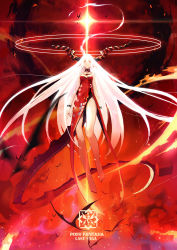 Rule 34 | 1girl, ahoge, barefoot, copyright name, dragon horns, dragon tail, dress, fire, fire, full body, horns, long hair, looking at viewer, pixiv fantasia, pixiv fantasia last saga, red background, red dress, red eyes, solo, tail, very long hair, white hair, xiao (ye yiaoxi)