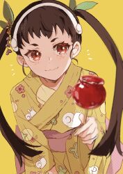 Rule 34 | 1girl, alternate costume, blurry, blurry foreground, brown hair, candy apple, closed mouth, eyelashes, food, hachikuji mayoi, hair ornament, hairband, hand up, highres, holding, japanese clothes, kimono, leaning forward, long hair, long sleeves, looking at viewer, monogatari (series), obi, pink sash, print kimono, red eyes, sash, short eyebrows, simple background, smile, solo, twintails, upper body, valhalla0707, white hairband, wide sleeves, yellow background, yellow kimono, yukata