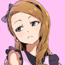 Rule 34 | 1girl, artist request, bare shoulders, biten, brown hair, close-up, forehead, hair ribbon, hairband, highres, idolmaster, idolmaster (classic), long hair, looking to the side, minase iori, parted lips, pink eyes, pink legwear, ribbon, simple background, solo