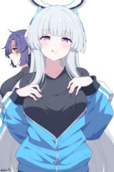 Rule 34 | 2girls, :q, blue archive, blue hair, blunt bangs, blurry, blush, breasts, commentary, glaring, gym uniform, halo, highres, jacket, large breasts, long hair, looking at viewer, medium breasts, multiple girls, noa (blue archive), off shoulder, purple eyes, purple hair, reia 76, shaded face, simple background, smile, tongue, tongue out, yuuka (blue archive)