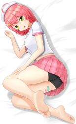 Rule 34 | 1girl, ahoge, ass, bandaid on thigh, bare legs, barefoot, bed sheet, beret, bike shorts, black shorts, breasts, feet, from above, full body, green eyes, hair ornament, hand up, hat, highres, hololive, legs, looking at viewer, lying, medium breasts, medium hair, midriff peek, miniskirt, navel, official alternate costume, on side, open mouth, pink skirt, plaid, plaid skirt, pleated skirt, sakura miko, shadow, shiny skin, shirt, short sleeves, shorts, shorts under skirt, sidelocks, skirt, soles, solo, tamagotozi3420, thighs, toes, virtual youtuber, white hat, white shirt