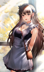 Rule 34 | 1girl, absurdres, apron, arms behind back, azur lane, bag, blush, breasts, brown bag, brown hair, cleavage, commission, feet out of frame, grey eyes, highres, holding, holding bag, long hair, looking at viewer, maid, maid apron, maid headdress, medium breasts, misa pika, newcastle (azur lane), open mouth, pixiv commission, smile, solo, standing, white apron, window