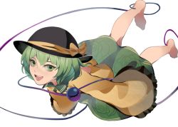 Rule 34 | 1girl, :d, barefoot, black hat, blouse, blush, bow, floral print, frilled shirt collar, frilled sleeves, frills, full body, green eyes, green hair, green skirt, hat, hat bow, hat ribbon, highres, komeiji koishi, long sleeves, looking at viewer, octo eight, open mouth, outstretched arms, ribbon, shirt, short hair, simple background, skirt, sleeves past wrists, smile, solo, string, third eye, touhou, white background, wide sleeves, yellow bow, yellow shirt