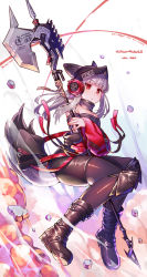 Rule 34 | 1girl, animal ears, arknights, black footwear, black hat, black jacket, black pantyhose, black skirt, blunt bangs, boots, breasts, closed mouth, commentary, detached collar, expressionless, falling, fox ears, fox tail, frostleaf (arknights), full body, grey shirt, halberd, hat, headphones, holding, holding weapon, jacket, kibanda gohan, long hair, material growth, medium breasts, miniskirt, nail polish, off-shoulder shirt, off shoulder, open clothes, open jacket, oripathy lesion (arknights), pantyhose, polearm, red eyes, red nails, rubble, shirt, silver hair, simple background, skirt, solo, tail, weapon, white background