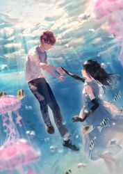 Rule 34 | 1boy, 1girl, barefoot, black gloves, blue eyes, blurry, blurry foreground, brown eyes, brown hair, caustics, dress, elbow gloves, eye contact, fish, floating hair, gloves, highres, holding hands, jellyfish, light rays, long hair, looking at another, original, reaching, reaching towards viewer, shoes, short hair, sleeveless, sleeveless dress, sneakers, sousou (sousouworks), sunlight, underwater