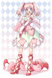 Rule 34 | 1girl, :d, angel wings, ankle lace-up, arrow (projectile), bare shoulders, blue eyes, cross-laced footwear, dress, earrings, heart, heart cutout, high heels, jewelry, long legs, looking at viewer, mitake eil, necklace, open mouth, panties, pink hair, ribbon, shoes, smile, solo, too many, twintails, underwear, wings