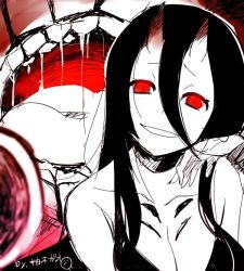 Rule 34 | 10s, 1girl, abyssal ship, artist name, battleship princess, black hair, breasts, cleavage, collarbone, gesugao, gradient background, grin, horns, kantai collection, long hair, looking at viewer, monochrome, monster, red eyes, smile, solo, yuzuki gao
